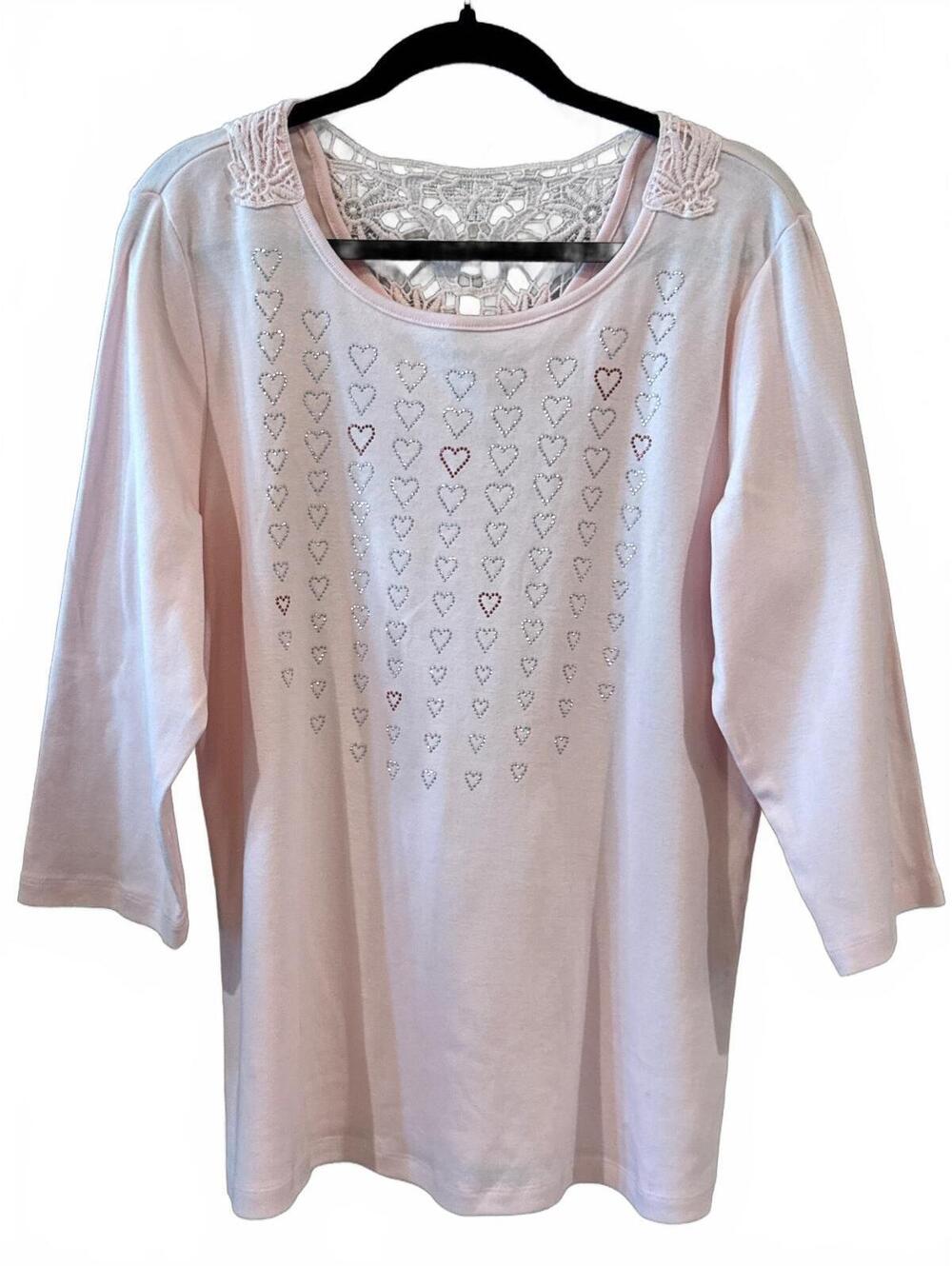 Christopher & Banks Pink Heart Embellished Crochet Back Top XL